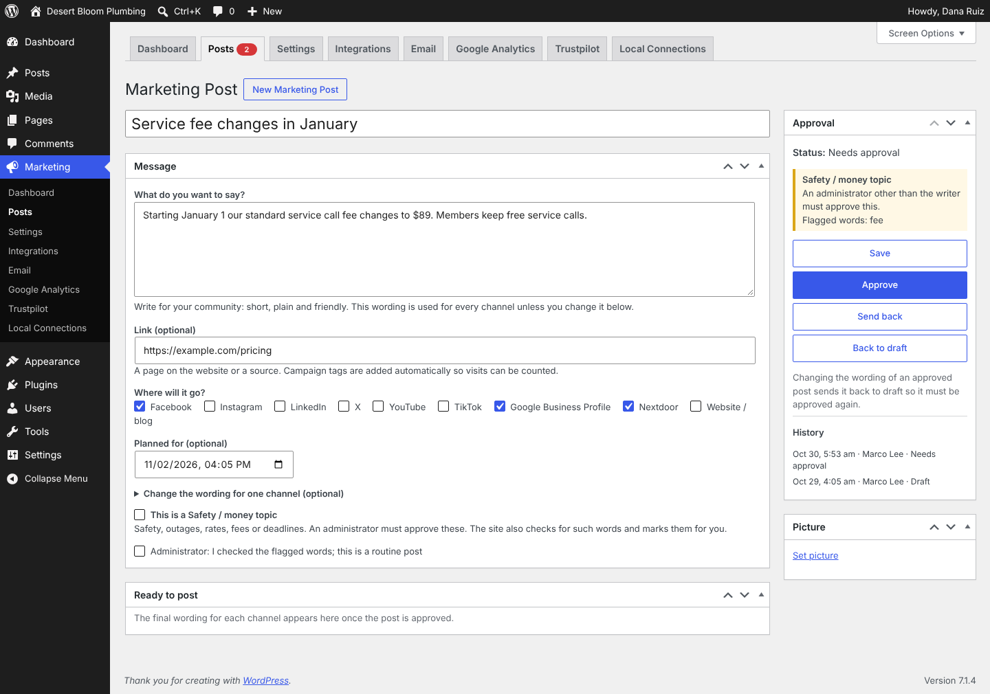 The approval panel, showing the safety and money rule in action.