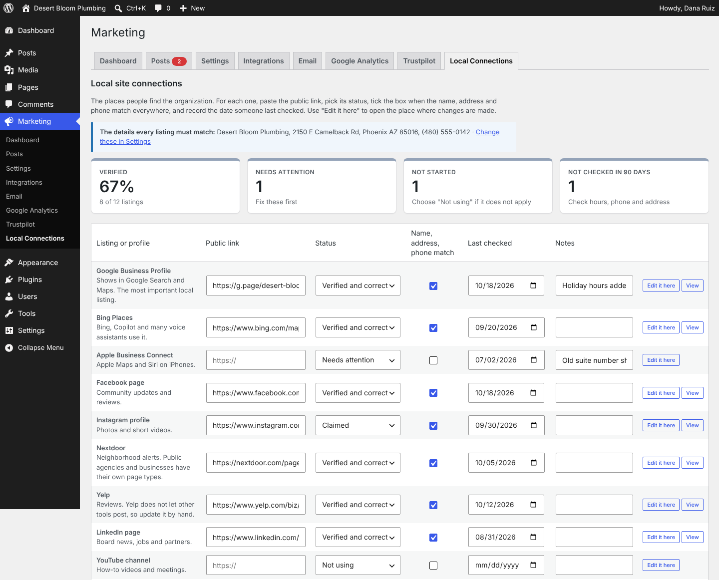 Local Connections: the listings checklist with status and last-checked dates.